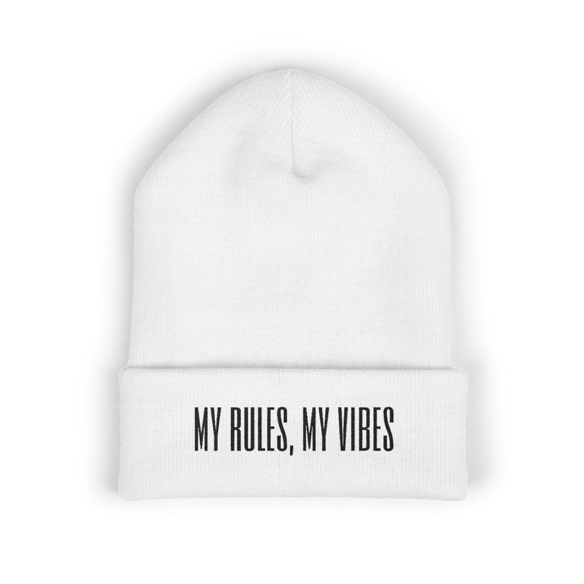 White cuffed beanie with “My Rules, My Vibes” embroidered across the fold.