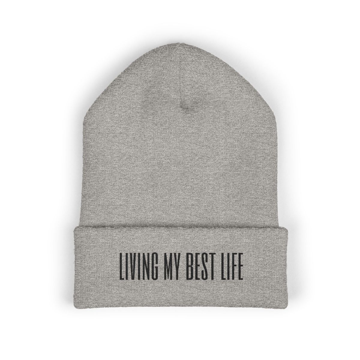 Product mock-up of Living My Best Life — Embroidered Cuffed Beanie in Heather Grey.