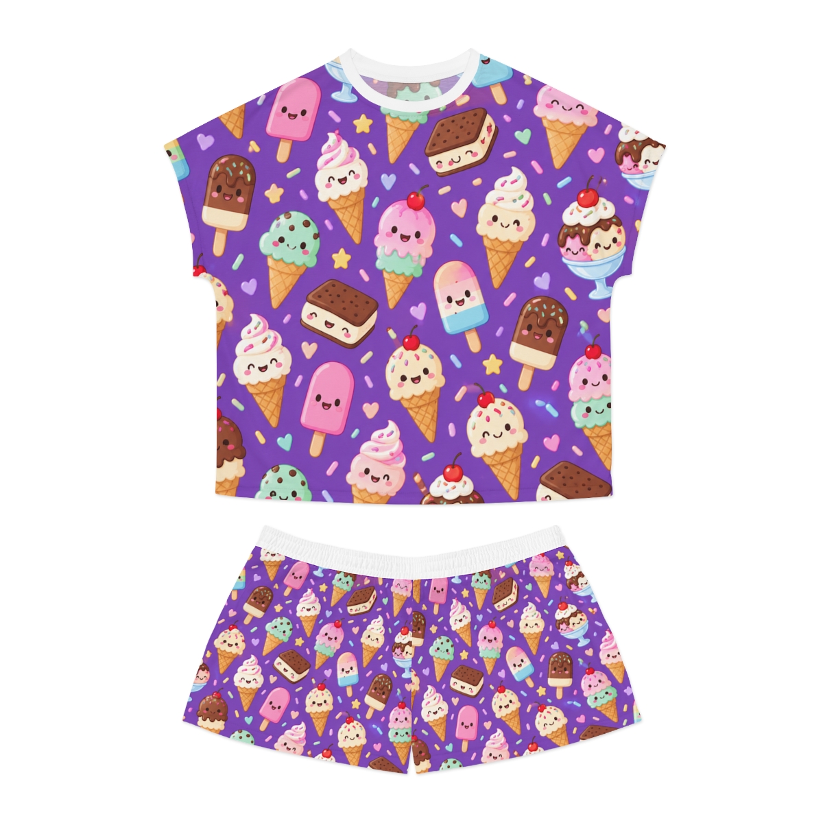 Matching short-sleeve pajama top and shorts with colourful ice-cream cones, popsicles and sweet treats on purple.